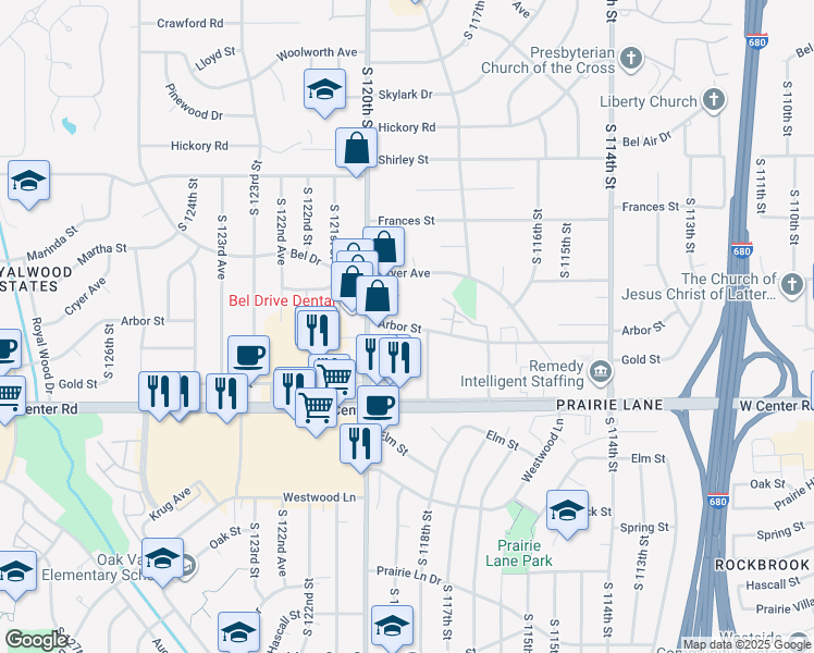 map of restaurants, bars, coffee shops, grocery stores, and more near 11926 Arbor Street in Omaha