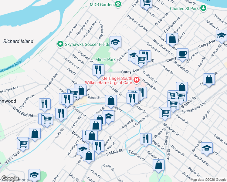 map of restaurants, bars, coffee shops, grocery stores, and more near 46 Cedar Street in Wilkes-Barre