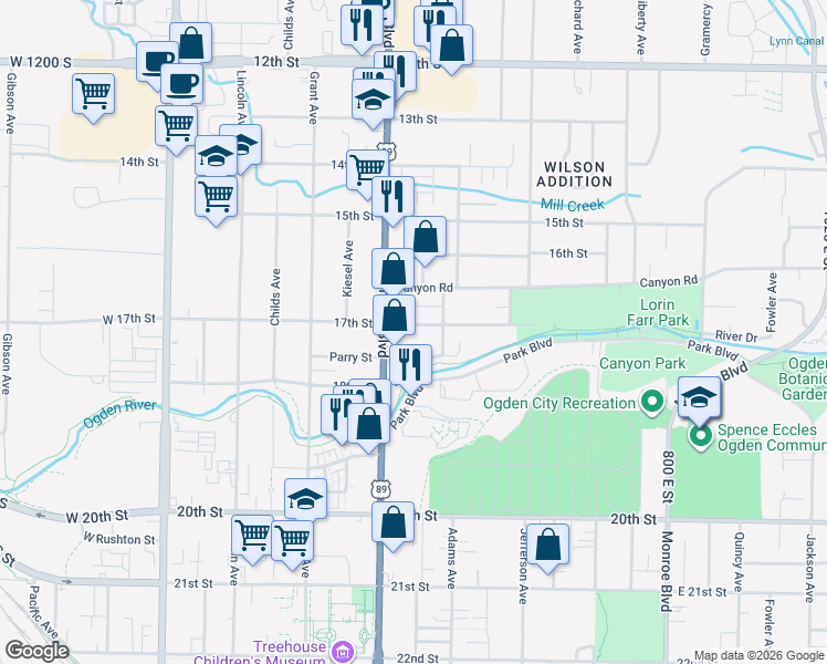 map of restaurants, bars, coffee shops, grocery stores, and more near 435 17th Street in Ogden