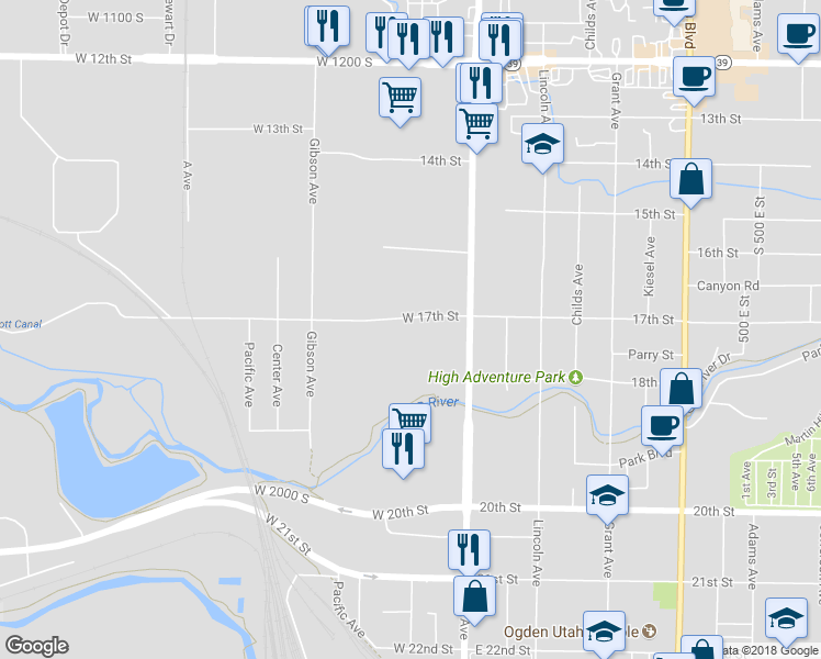 map of restaurants, bars, coffee shops, grocery stores, and more near 187 West 17th Street in Ogden