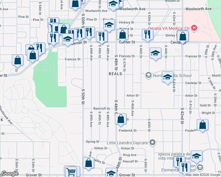 map of restaurants, bars, coffee shops, grocery stores, and more near 2413 South 48th Avenue in Omaha