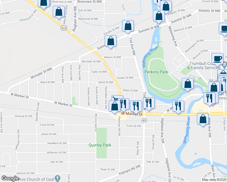 map of restaurants, bars, coffee shops, grocery stores, and more near 1145 Stiles Street Northwest in Warren