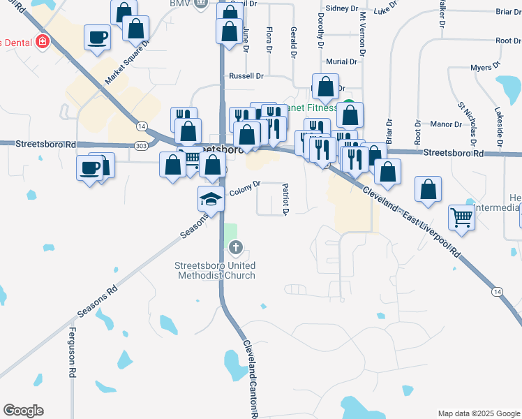 map of restaurants, bars, coffee shops, grocery stores, and more near 9010 Merchant Drive in Streetsboro