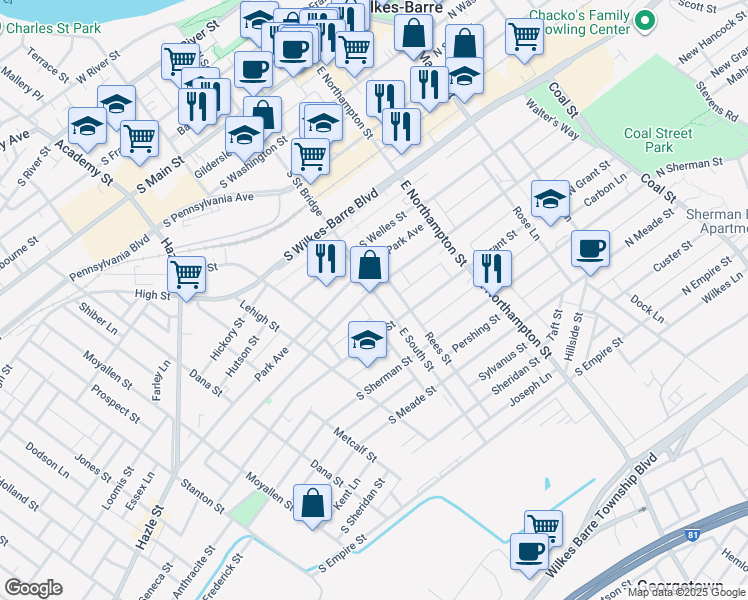 map of restaurants, bars, coffee shops, grocery stores, and more near 269 East South Street in Wilkes-Barre Township