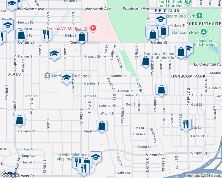 map of restaurants, bars, coffee shops, grocery stores, and more near 3910 Gordon Street in Omaha