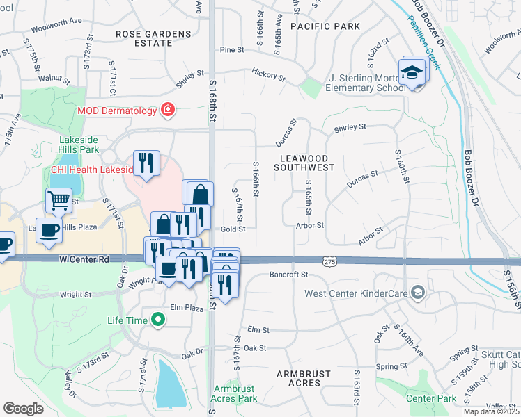 map of restaurants, bars, coffee shops, grocery stores, and more near 2511 South 166th Street in Omaha