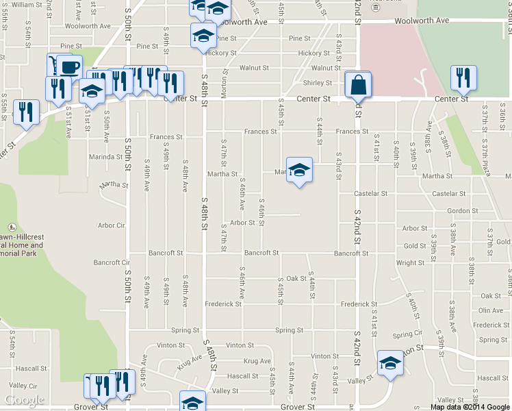 map of restaurants, bars, coffee shops, grocery stores, and more near 2418 S 46th St in Omaha