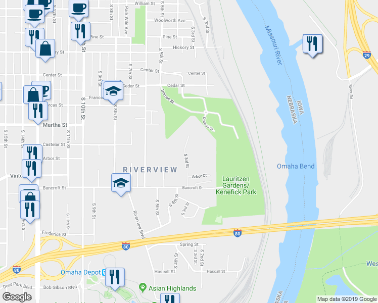 map of restaurants, bars, coffee shops, grocery stores, and more near 2509 South 3rd Street in Omaha
