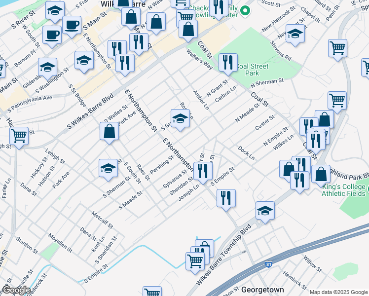 map of restaurants, bars, coffee shops, grocery stores, and more near 63 Puritan Ln in Wilkes-Barre
