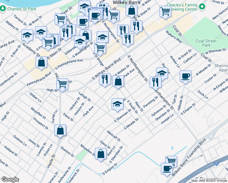 map of restaurants, bars, coffee shops, grocery stores, and more near 231 South Hancock Street in Wilkes-Barre