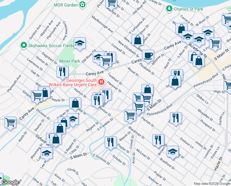 map of restaurants, bars, coffee shops, grocery stores, and more near 44 Rowland Street in Wilkes-Barre