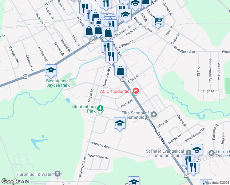 map of restaurants, bars, coffee shops, grocery stores, and more near 23 West Elm Street in Norwalk