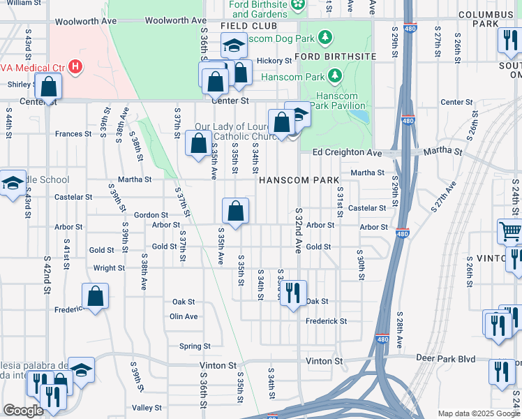 map of restaurants, bars, coffee shops, grocery stores, and more near 2337 South 34th Street in Omaha