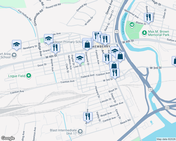 map of restaurants, bars, coffee shops, grocery stores, and more near 717 Diamond Street in Williamsport
