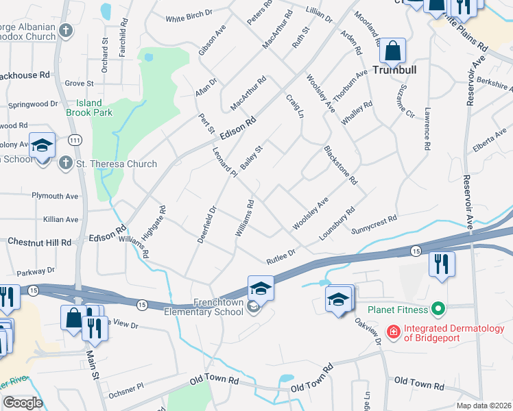 map of restaurants, bars, coffee shops, grocery stores, and more near 142 Williams Road in Trumbull