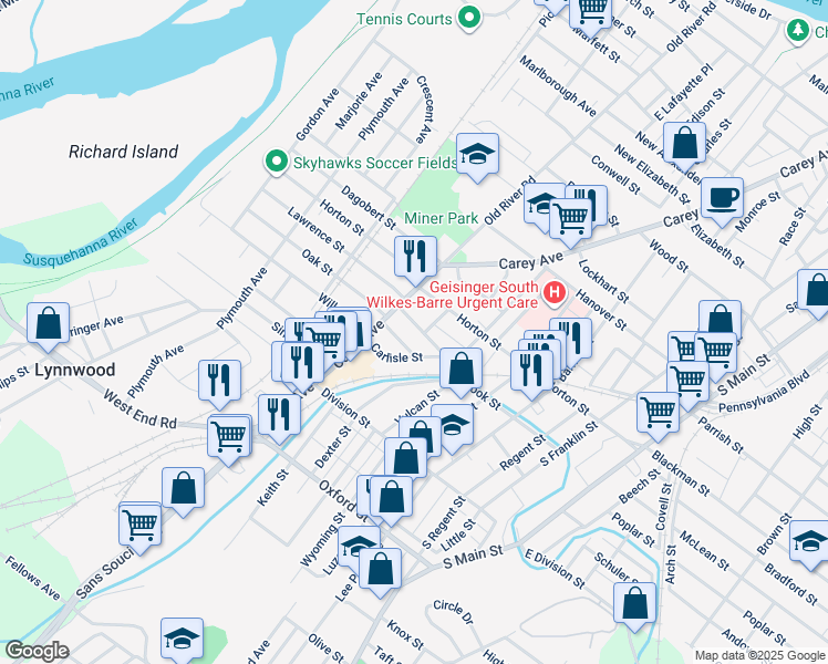 map of restaurants, bars, coffee shops, grocery stores, and more near 36 Sturdevant Street in Wilkes-Barre