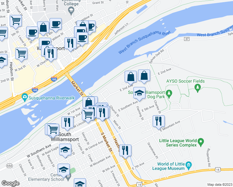 map of restaurants, bars, coffee shops, grocery stores, and more near 350 East 2nd Avenue in South Williamsport