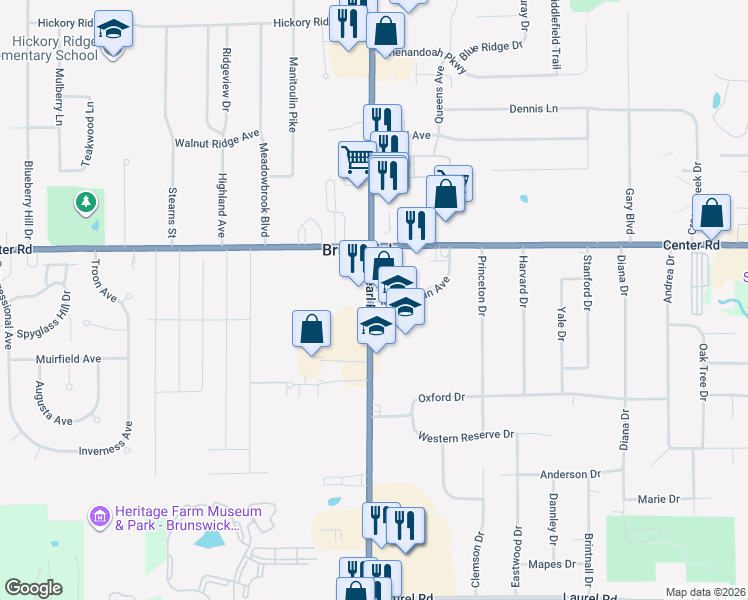 map of restaurants, bars, coffee shops, grocery stores, and more near 1442 Pearl Road in Brunswick