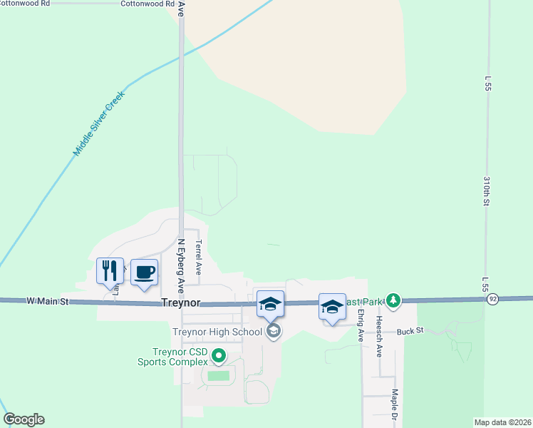 map of restaurants, bars, coffee shops, grocery stores, and more near 109 Firethorn Drive in Treynor