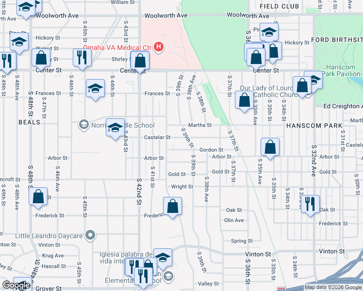 map of restaurants, bars, coffee shops, grocery stores, and more near 3910 Gordon Street in Omaha