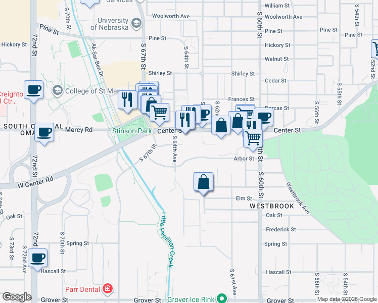 map of restaurants, bars, coffee shops, grocery stores, and more near 6410 Arbor Plaza in Omaha