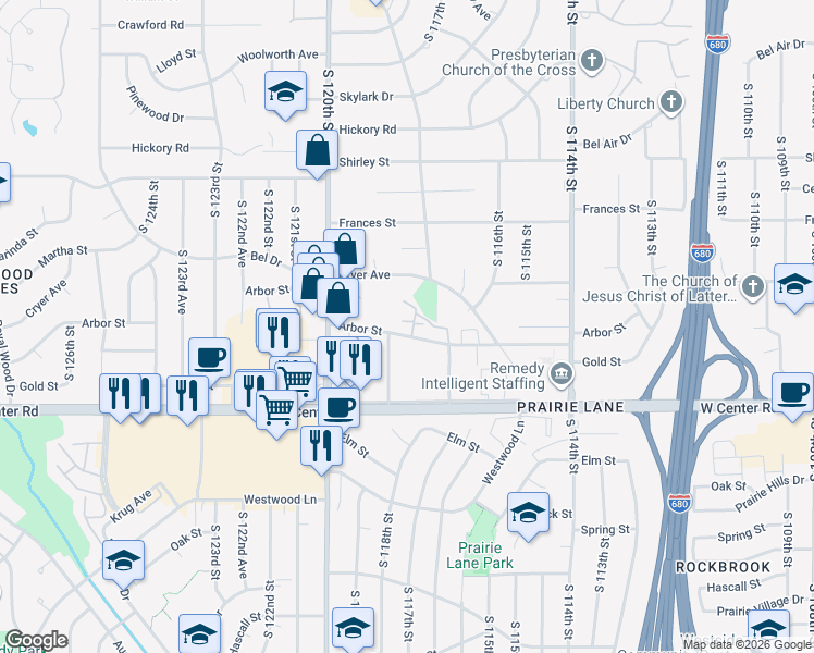 map of restaurants, bars, coffee shops, grocery stores, and more near 11812 Arbor Street in Omaha