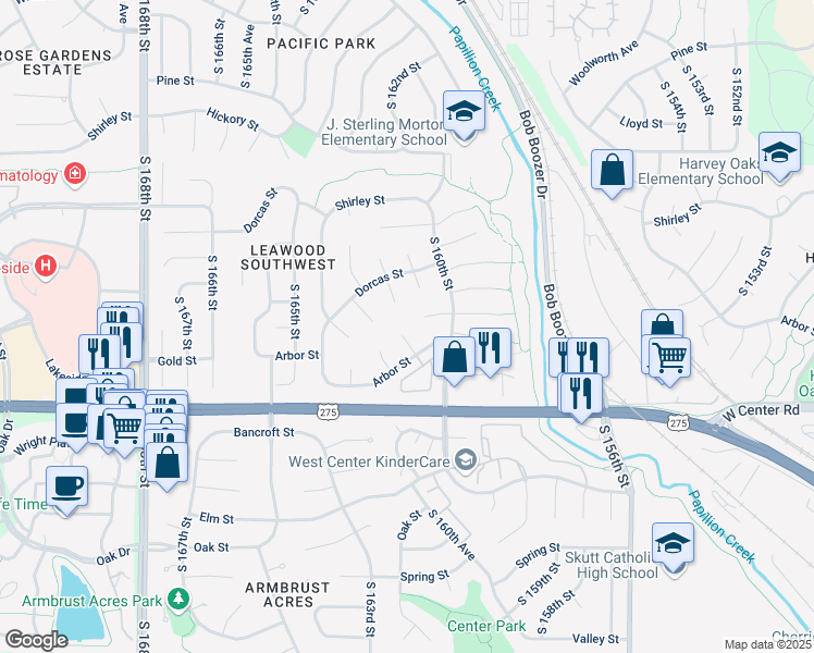 map of restaurants, bars, coffee shops, grocery stores, and more near 2511 South 161st Circle in Omaha