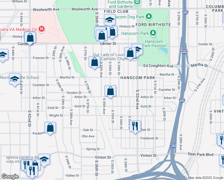 map of restaurants, bars, coffee shops, grocery stores, and more near 2337 South 35th Street in Omaha