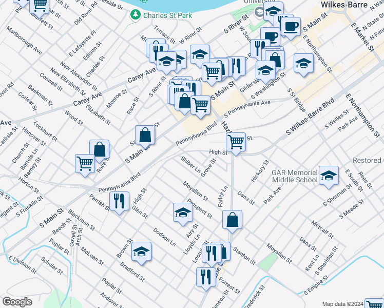 map of restaurants, bars, coffee shops, grocery stores, and more near 78 Dana Street in Wilkes-Barre
