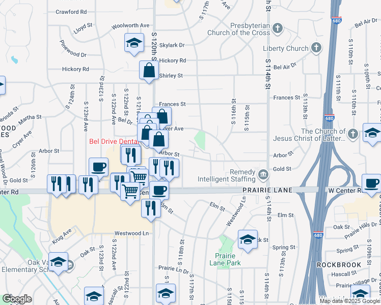 map of restaurants, bars, coffee shops, grocery stores, and more near 11812 Arbor Street in Omaha