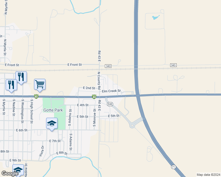 map of restaurants, bars, coffee shops, grocery stores, and more near 225 Buffalo Street in Kimball