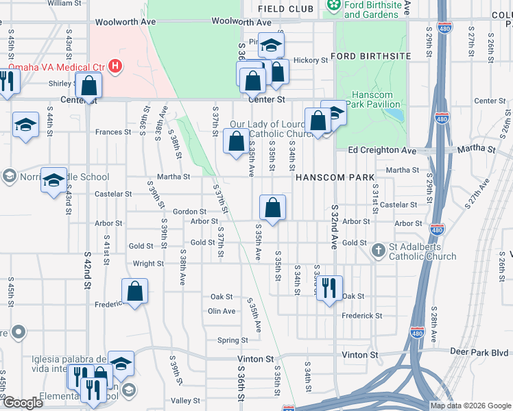 map of restaurants, bars, coffee shops, grocery stores, and more near 2339 South 35th Avenue in Omaha