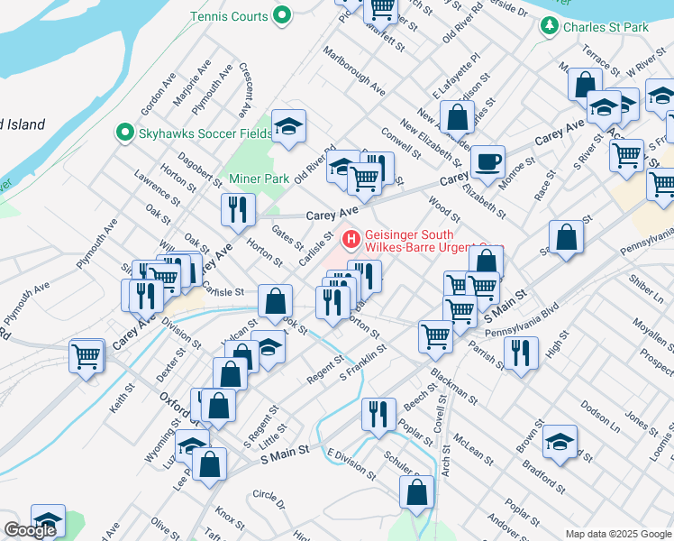 map of restaurants, bars, coffee shops, grocery stores, and more near 65 Church St in Wilkes-Barre