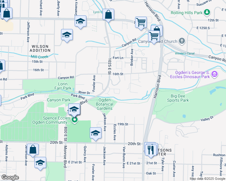 map of restaurants, bars, coffee shops, grocery stores, and more near 1681 1055 East in Ogden