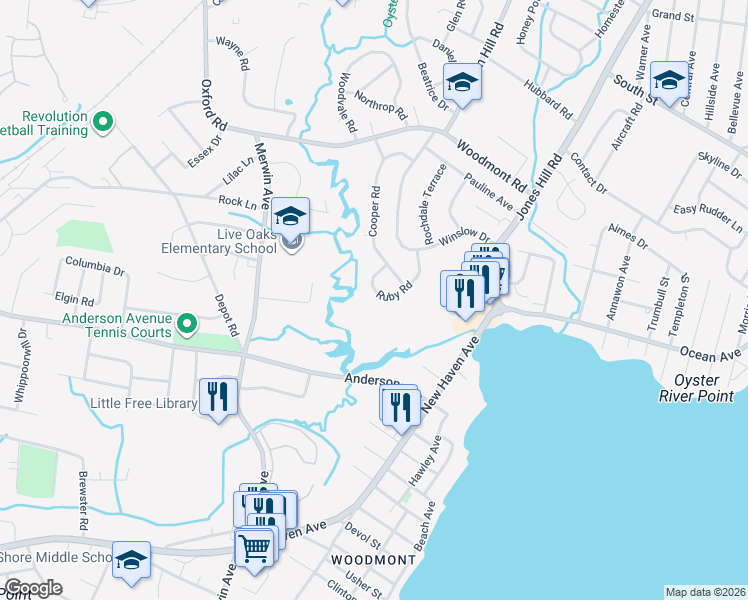 map of restaurants, bars, coffee shops, grocery stores, and more near 77 Ruby Road in West Haven