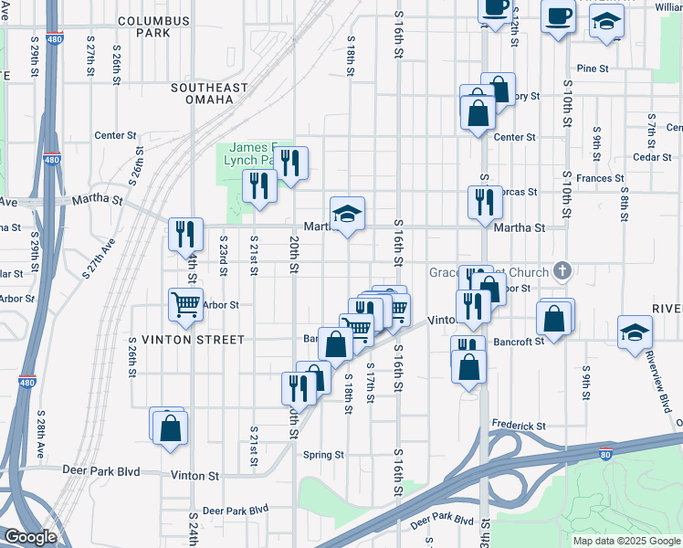 map of restaurants, bars, coffee shops, grocery stores, and more near 2412 S 18th St in Omaha