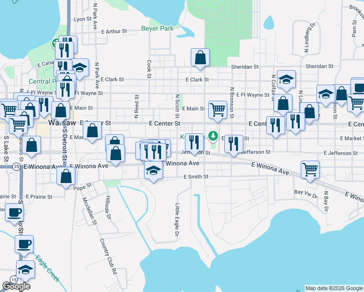 map of restaurants, bars, coffee shops, grocery stores, and more near 1028 East Market Street in Warsaw
