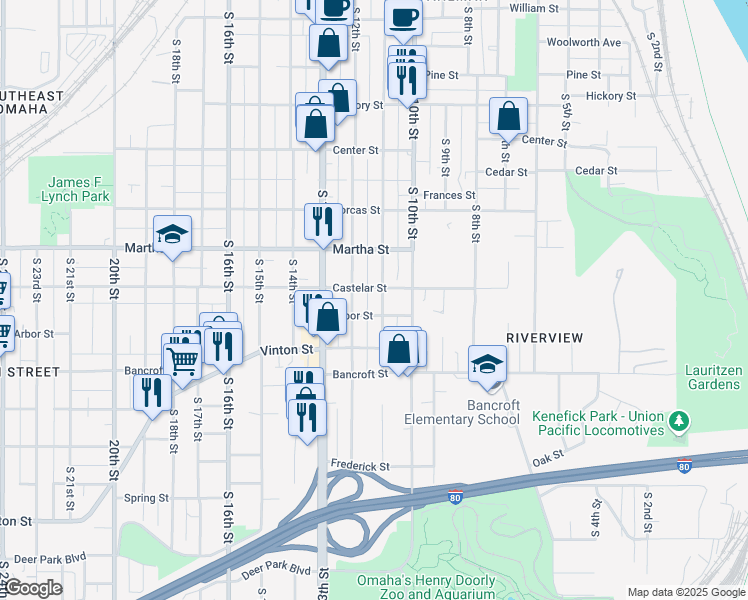map of restaurants, bars, coffee shops, grocery stores, and more near 2412 S 11th St in Omaha