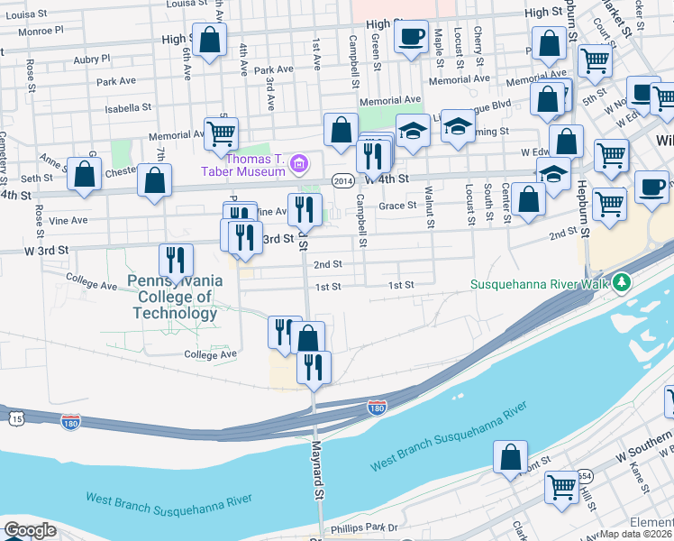 map of restaurants, bars, coffee shops, grocery stores, and more near 813 2nd Street in Williamsport