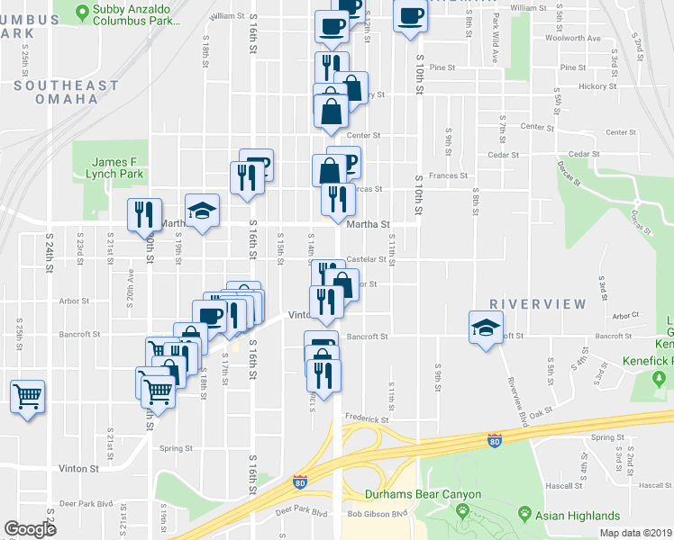 map of restaurants, bars, coffee shops, grocery stores, and more near 2408 South 13th Street in Omaha