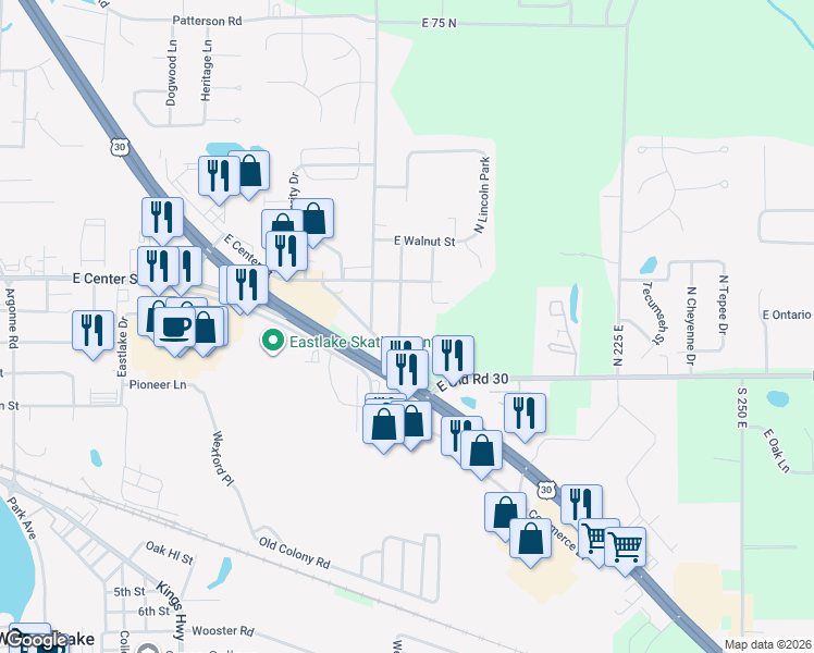 map of restaurants, bars, coffee shops, grocery stores, and more near 98 North Beechwood Street in Warsaw