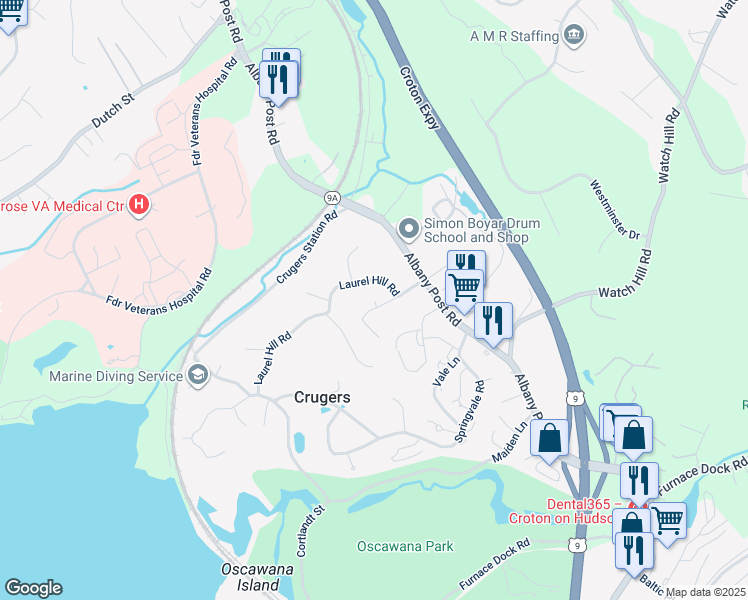 map of restaurants, bars, coffee shops, grocery stores, and more near 93 Laurel Hill Road in Croton-on-Hudson