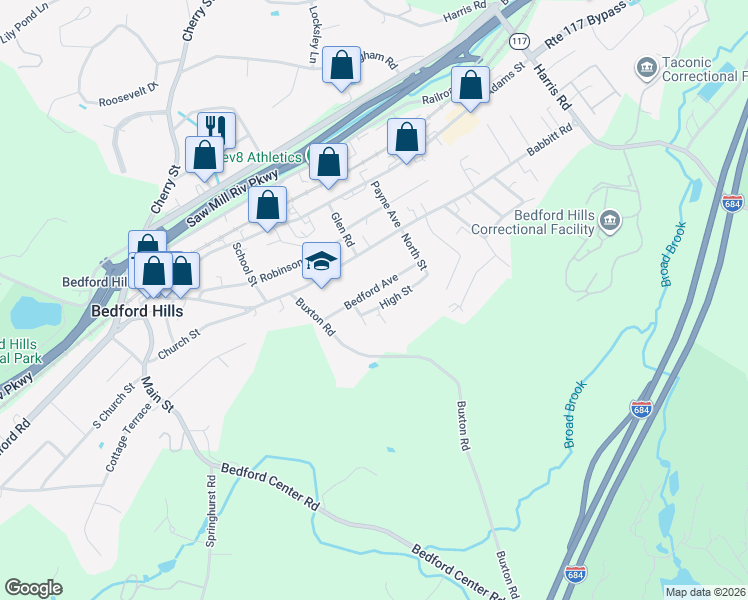 map of restaurants, bars, coffee shops, grocery stores, and more near 25 Bedford Avenue in Bedford Hills