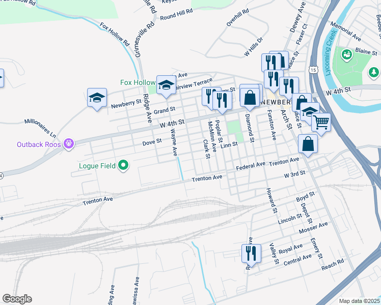 map of restaurants, bars, coffee shops, grocery stores, and more near 2413 Linn Street in Williamsport