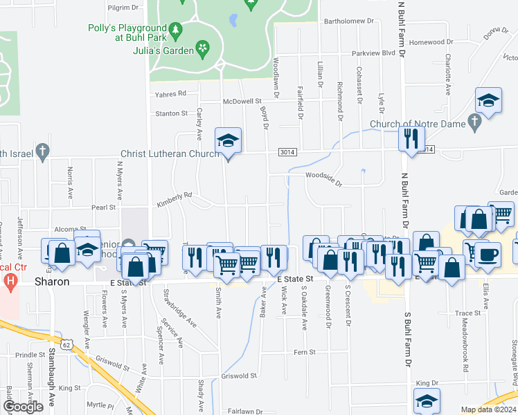 map of restaurants, bars, coffee shops, grocery stores, and more near 1558 Kimberly Street in Sharon
