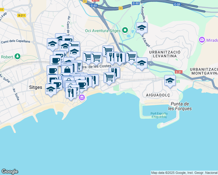 map of restaurants, bars, coffee shops, grocery stores, and more near 15 Avinguda Balmins in Sitges