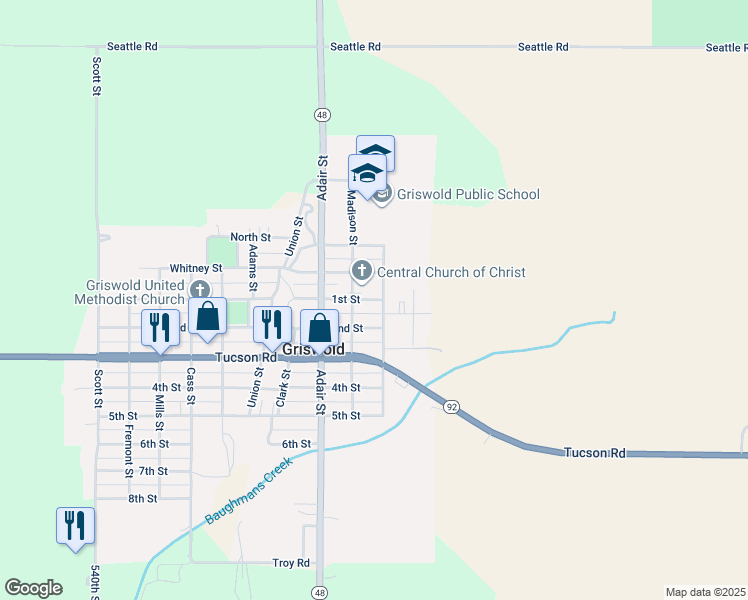 map of restaurants, bars, coffee shops, grocery stores, and more near 1st Street in Griswold