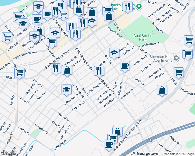 map of restaurants, bars, coffee shops, grocery stores, and more near 341 East Northampton Street in Wilkes-Barre