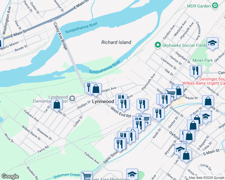 map of restaurants, bars, coffee shops, grocery stores, and more near 58 Goeringer Avenue in Wilkes-Barre