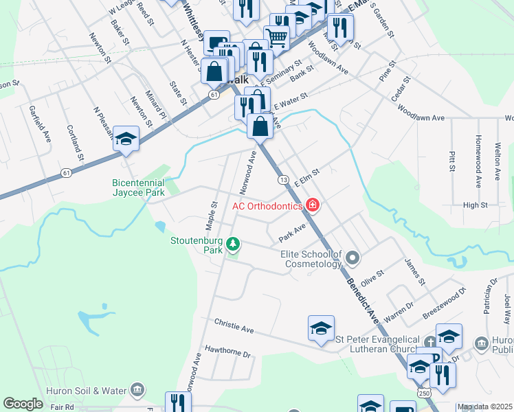 map of restaurants, bars, coffee shops, grocery stores, and more near 23 W Elm St in Norwalk